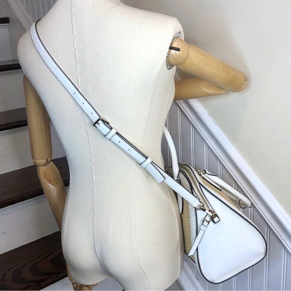 KATE SPADE White Leather Rattan Two Top Handle Tote Zipper Closure Crossbody Bag - Picture 7 of 17